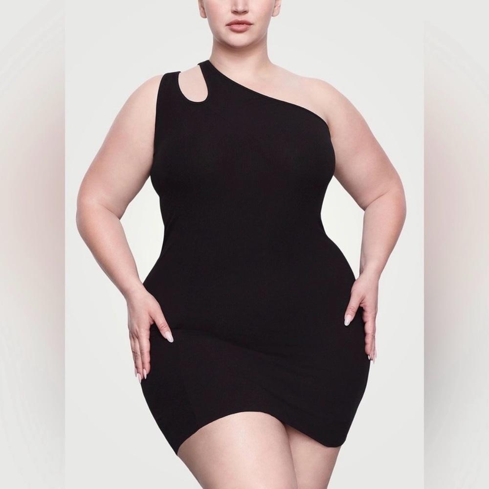 SKIMS Soft Lounge Cutout Asymmetric Rib Dress Onyx Black mini slip 4X EUC